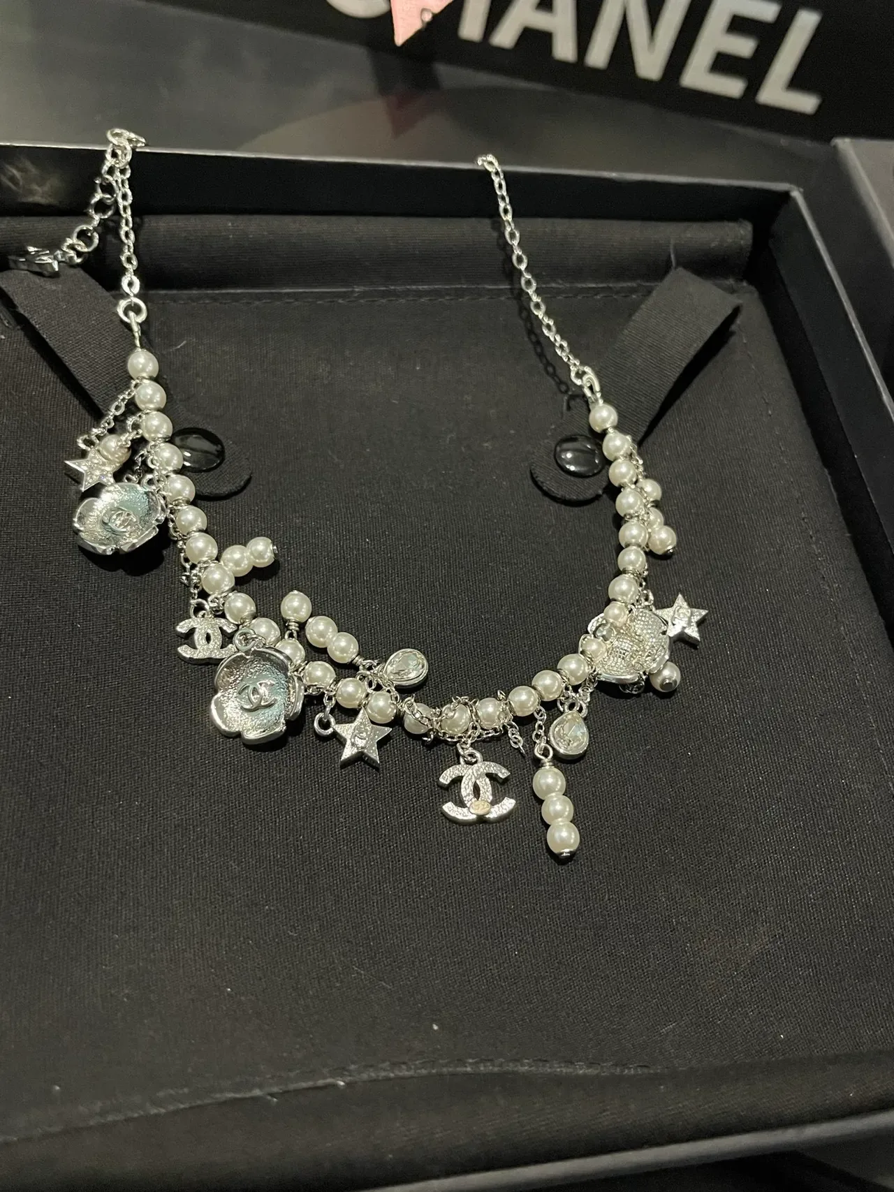 Chanel Multi-Charm Pearl and CC Logo Silver Necklace 4