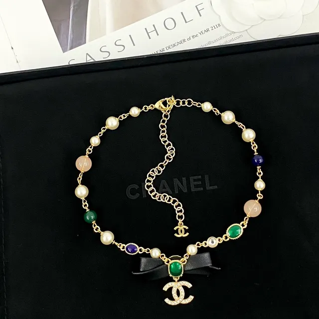 Chanel Multicolor Black Beaded Chain Leather Bow Accent Necklace 9