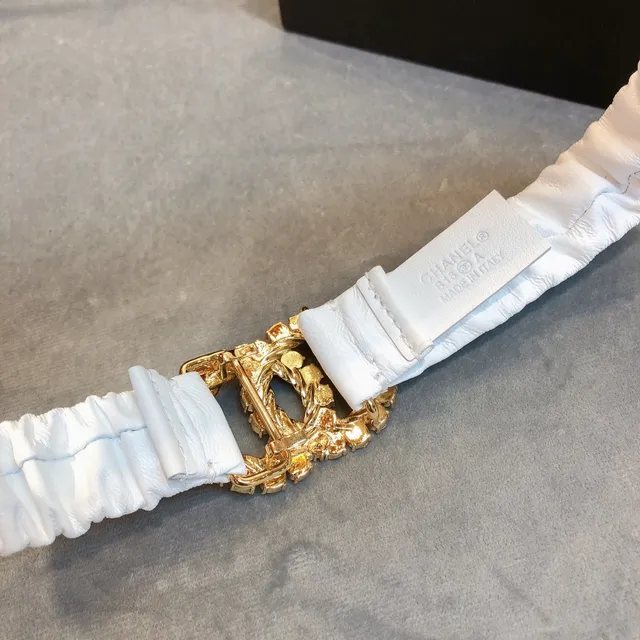 Chanel Ceinture Ruched Or Blanc Tissu Cristal-Embelli Interlocking CC Boucle Ceinture en Cuir 5
