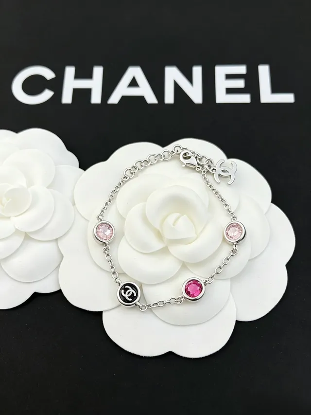 Chanel Silver Pink Chain Link Round Crystal Bezels Bracelet 5