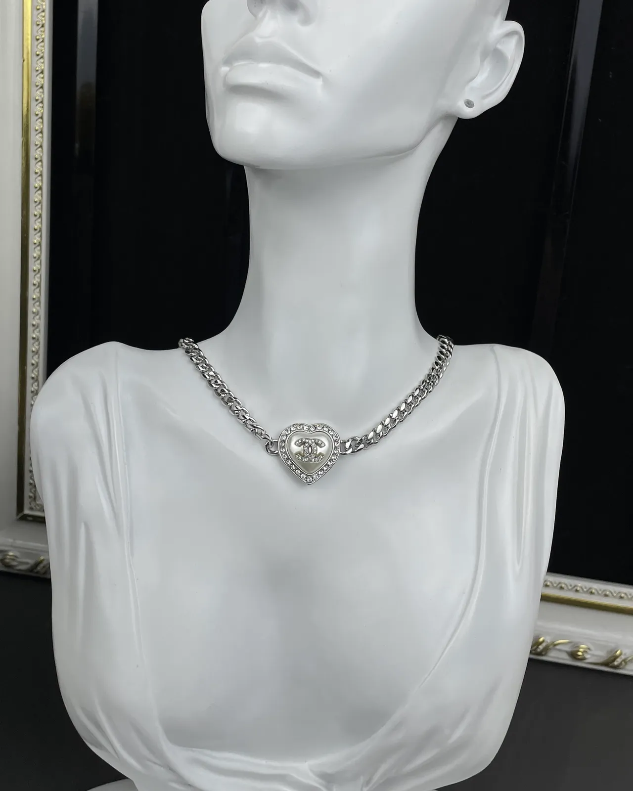 Chanel Silver White Curb Chain Heart-Shaped Pendant Necklace 2