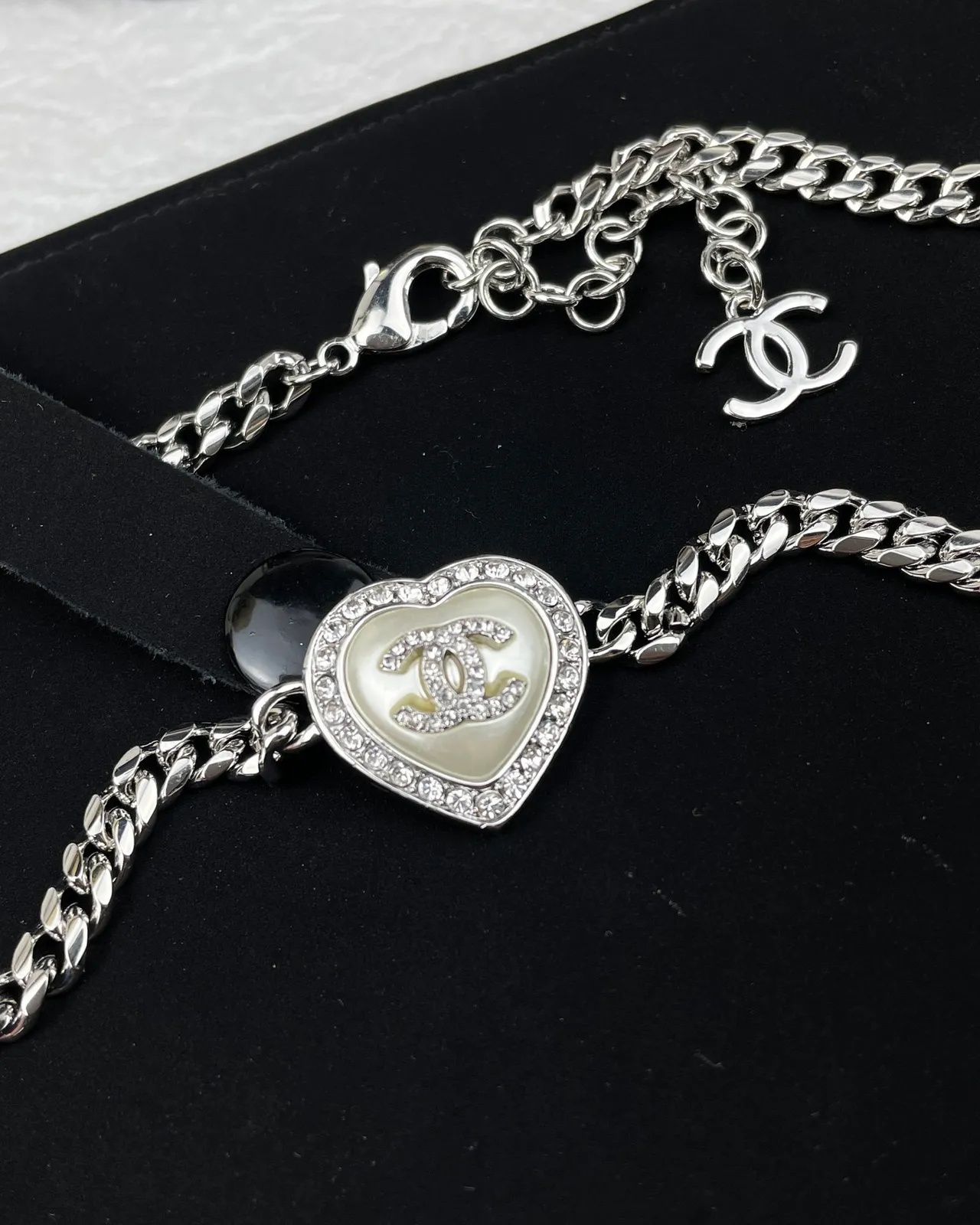 Chanel Silver White Curb Chain Heart-Shaped Pendant Necklace 5