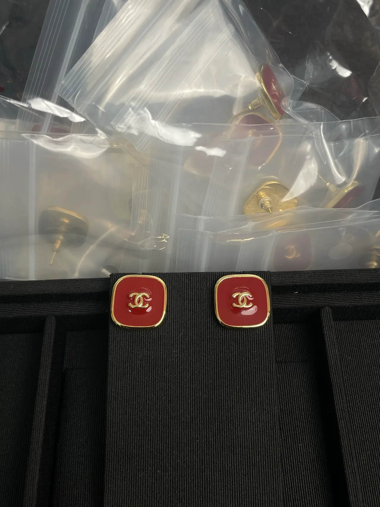 Chanel Square CC Black Red Enamel Studs Gold-Tone Metal Frame Earrings 4