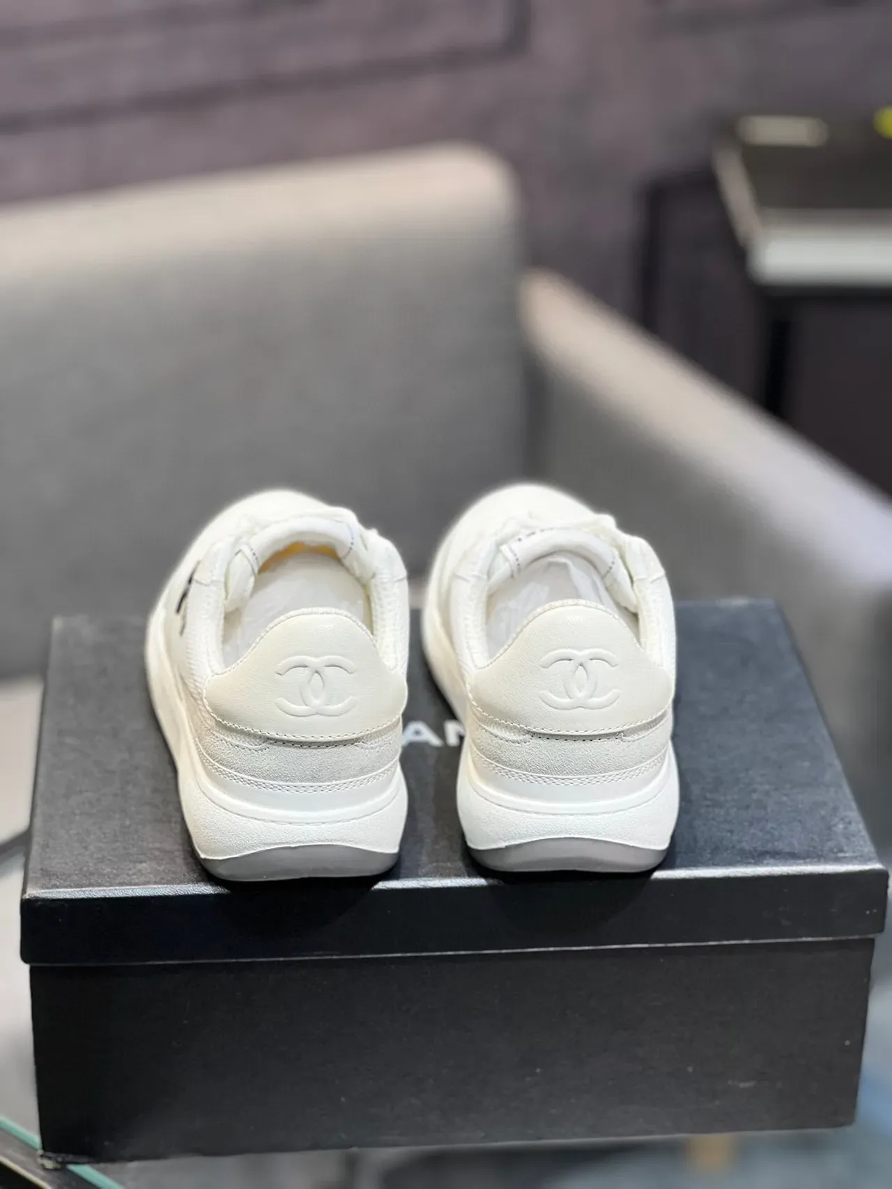 Chanel White Gray Low-Top Mixed-Material Lifestyle Sneakers 7