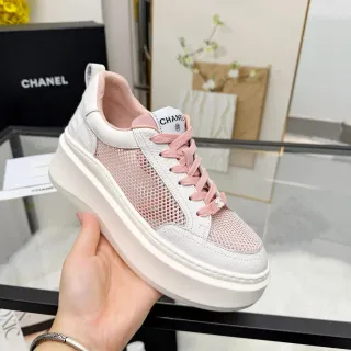 Chanel White Pink Platform Sole Mesh-and-Leather Upper Sneakers