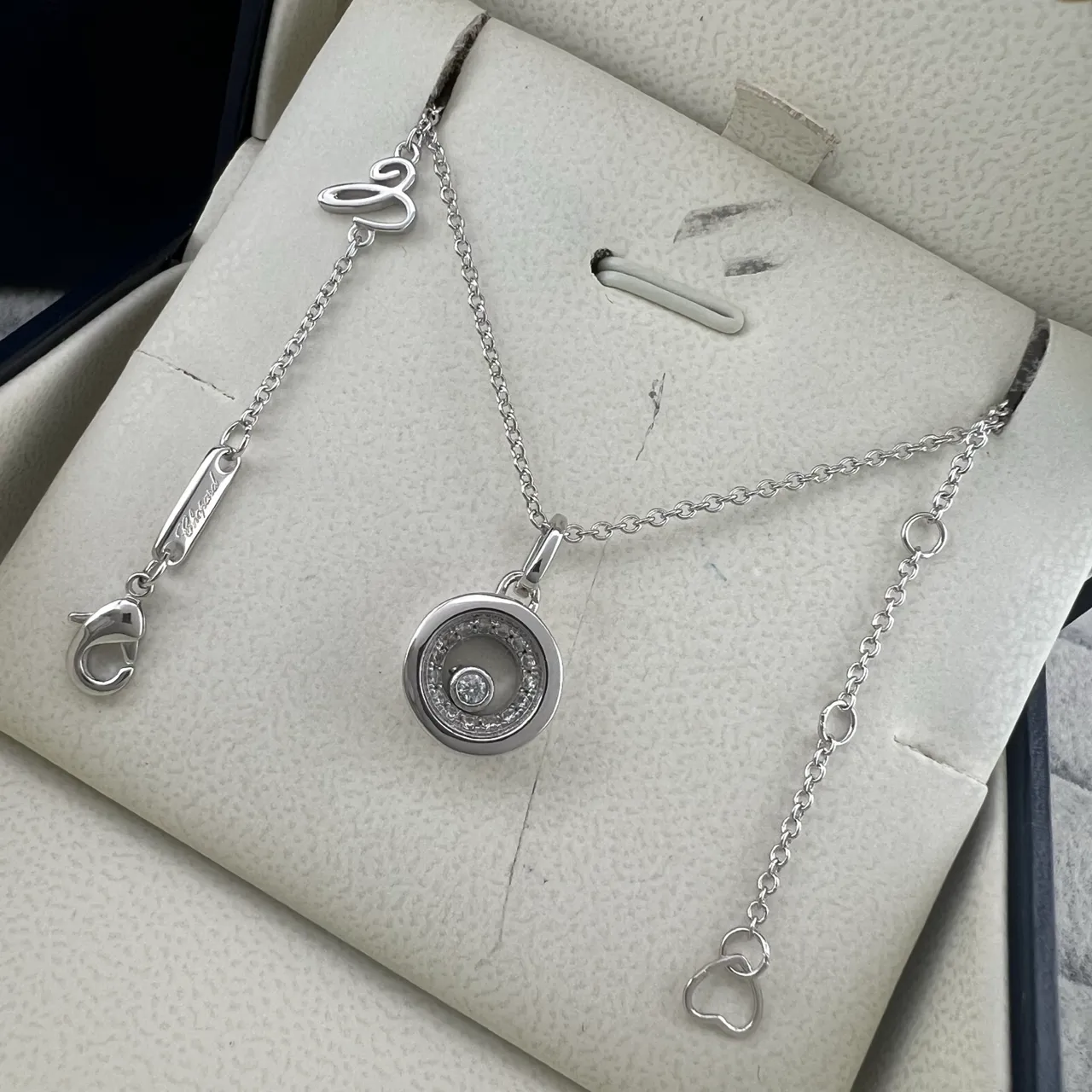 Chopard Gold Silver Rotating Disc Pendant Diamond Halo Necklace 5
