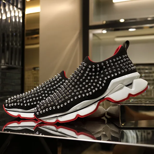Christian Louboutin أسود أحمر مزخرفة بالمسامير تزلج على حذاء رياضي سميك 5