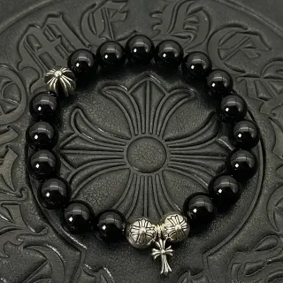 Chrome Hearts Beaded Bracelet Black Silver Glossy Beads Cross Charm Bracelet
