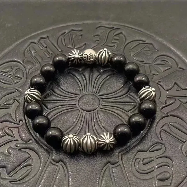 Chrome Hearts 黑色串珠手链 银色光泽珠子 十字护身符 9