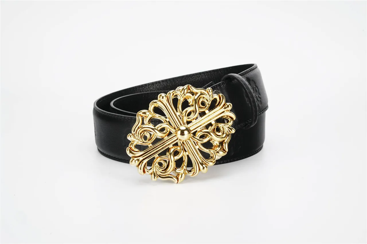Chrome Hearts Black Gold Ornate Cross Buckle Baroque Scrollwork Leather Belt 4