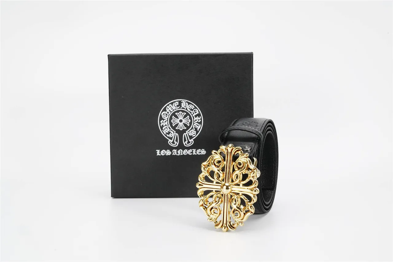 Chrome Hearts Black Gold Ornate Cross Buckle Baroque Scrollwork Leather Belt 6