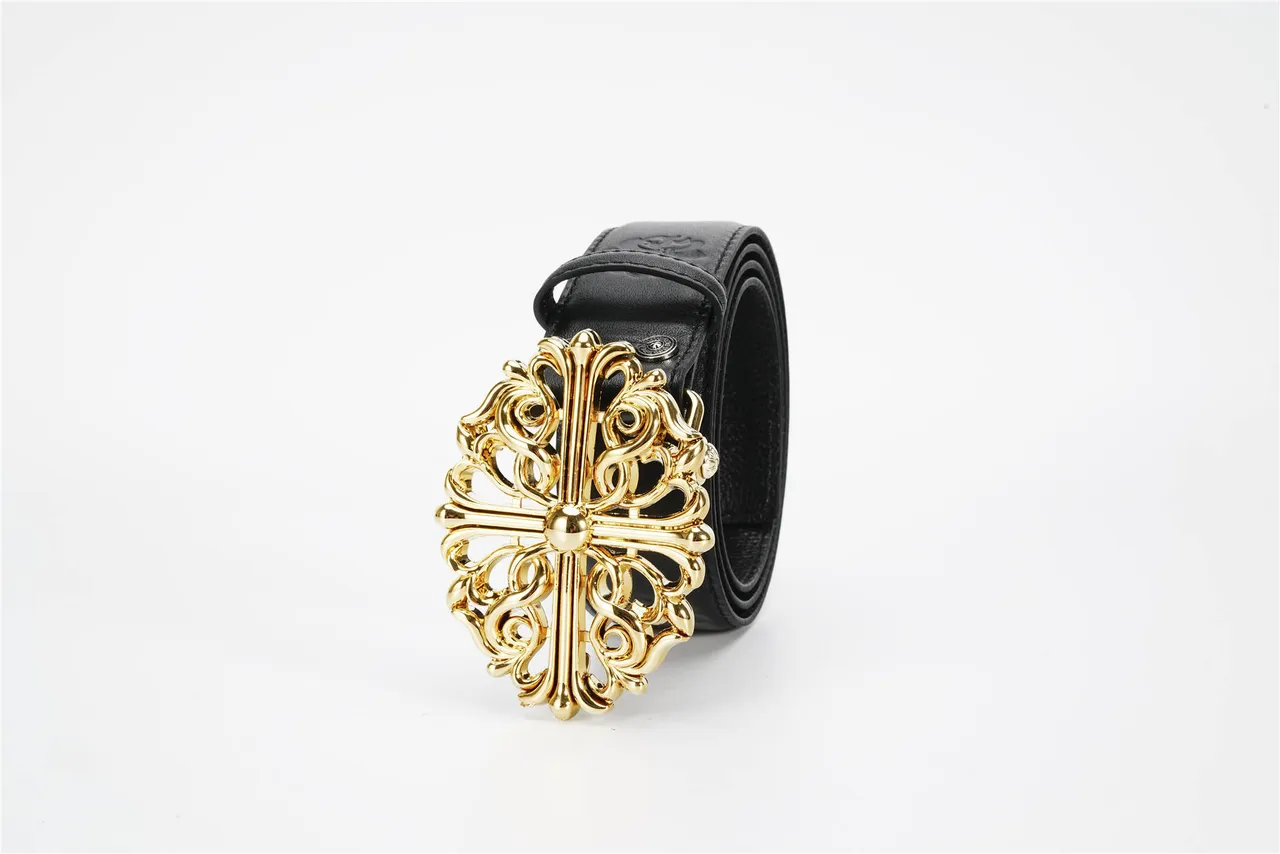 Chrome Hearts Black Gold Ornate Cross Buckle Baroque Scrollwork Leather Belt 7