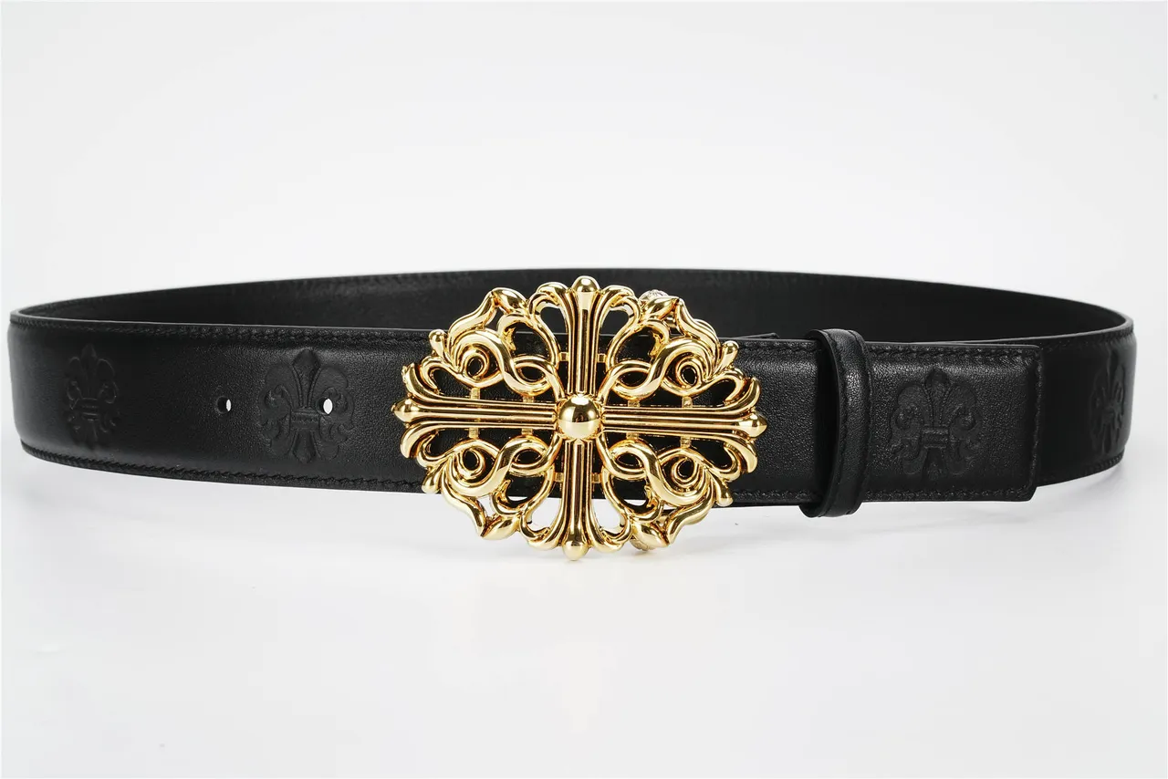 Chrome Hearts Black Gold Ornate Cross Buckle Baroque Scrollwork Leather Belt 8