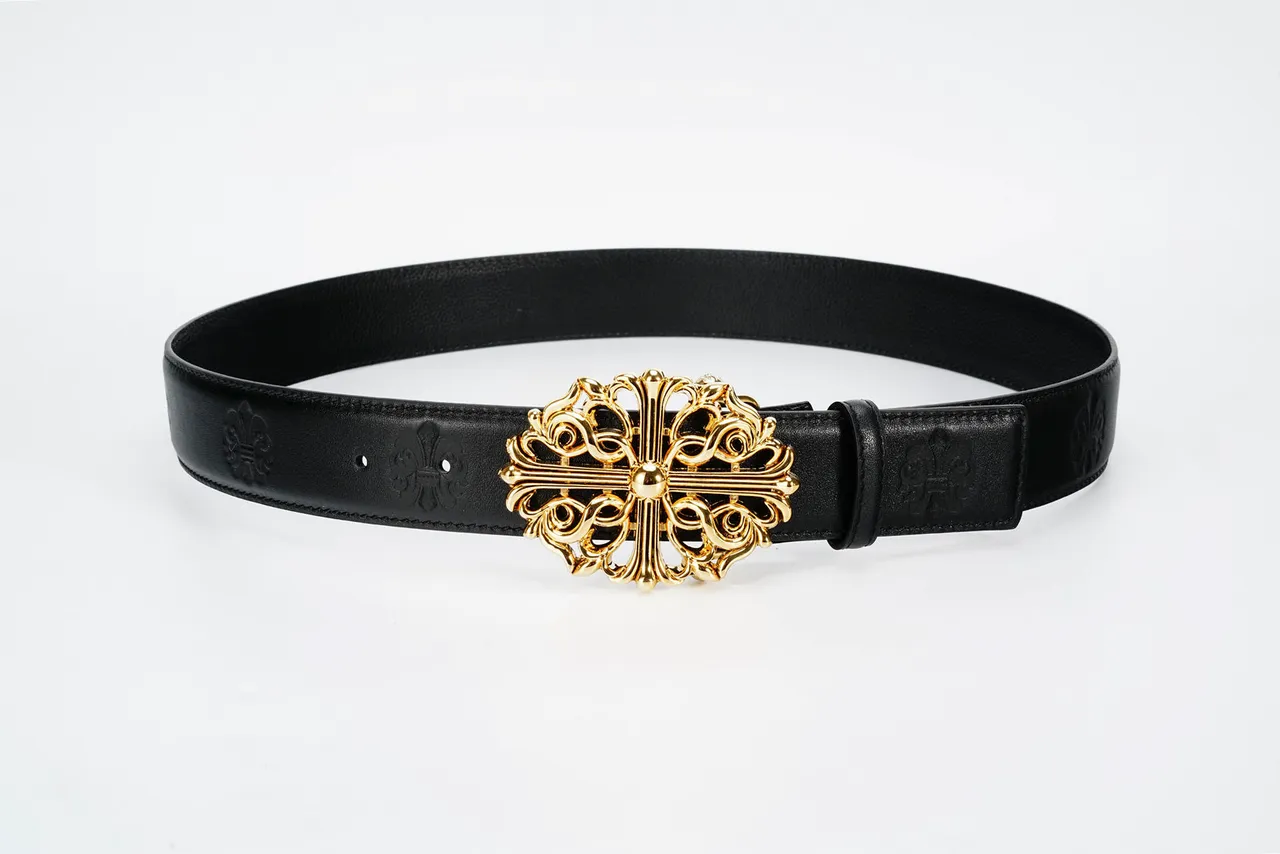 Chrome Hearts Black Gold Ornate Cross Buckle Baroque Scrollwork Leather Belt 9