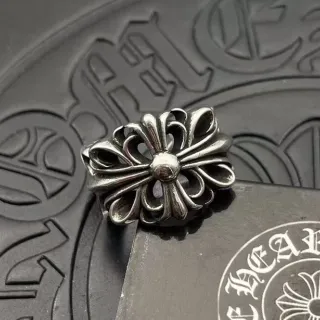Chrome Hearts क्रॉस फ्लावर चांदी फ्लोरल मोटिफ उच्च चमकदार धातु अंगूठी