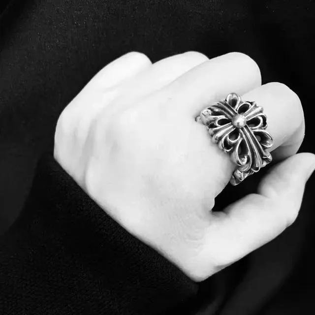 Chrome Hearts क्रॉस फ्लावर चांदी फ्लोरल मोटिफ उच्च चमकदार धातु अंगूठी 2