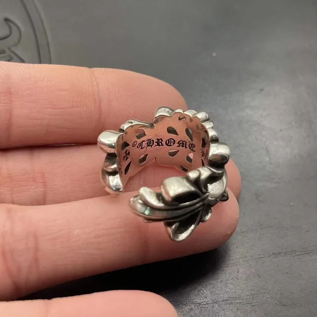 Chrome Hearts क्रॉस फ्लावर चांदी फ्लोरल मोटिफ उच्च चमकदार धातु अंगूठी 3