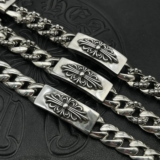 Chrome Hearts Bracelet Plaque Croix Argent Chaîne Curb-Link Bracelets 3