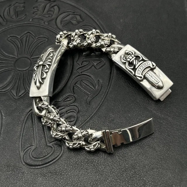 Chrome Hearts Bracelet Plaque Croix Argent Chaîne Curb-Link Bracelets 8