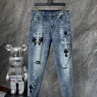 Chrome Hearts Embroidered Cross Distressed Medium-Wash Jeans