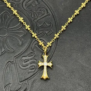 Chrome Hearts फ्लोरल क्रॉस गोल्ड व्हाइट चेन पावे-सेट पेंडेंट नेकलस