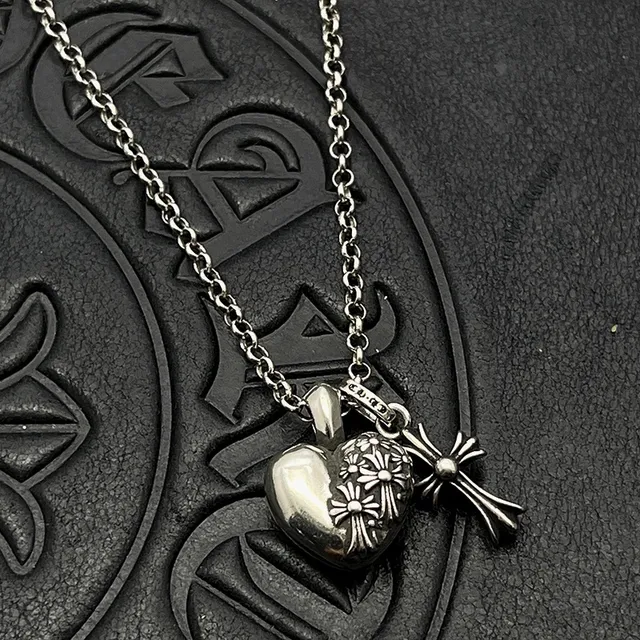 Chrome Hearts Silver Black Chain Heart Locket Pendant Necklace 5