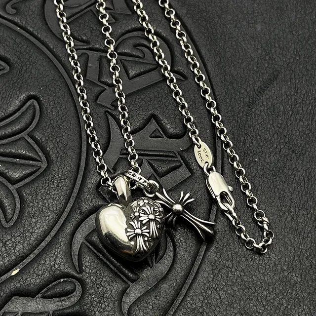 Chrome Hearts Silver Black Chain Heart Locket Pendant Necklace 6