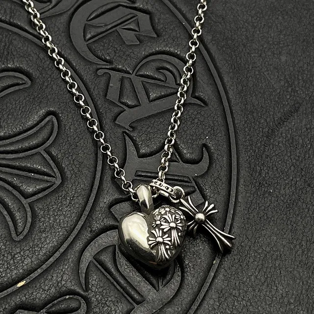 Chrome Hearts Silver Black Chain Heart Locket Pendant Necklace 7