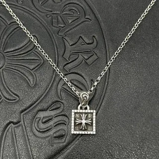 Chrome Hearts Silver Black Chain Square Pavé Pendant Necklace