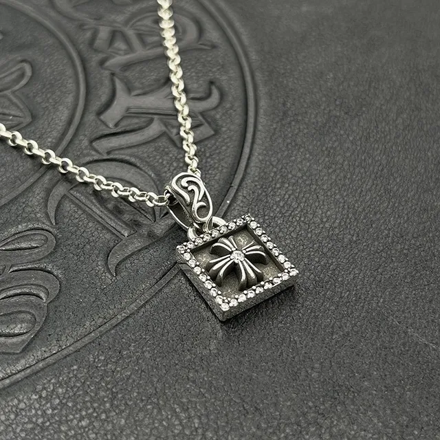 Chrome Hearts Silver Black Chain Square Pavé Pendant Necklace 9