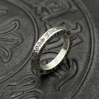 Chrome Hearts Silver Black Engraved Gothic Script Cross Motifs Ring