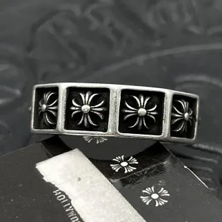 Chrome Hearts Silver Black Four-Square Band Enamel Inlays Ring