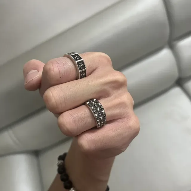 Chrome Hearts Silver Black Four-Square Band Enamel Inlays Ring 3