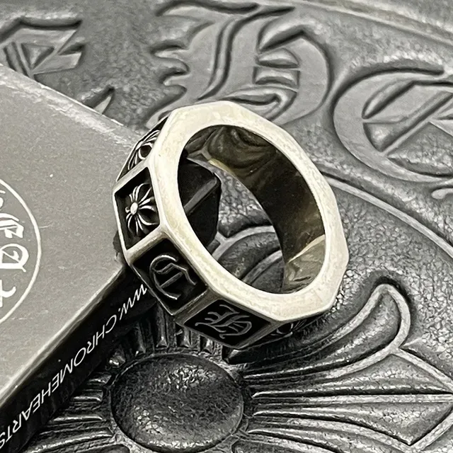 Chrome Hearts Silver Black Four-Square Band Enamel Inlays Ring 4
