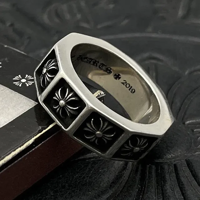 Chrome Hearts Silver Black Four-Square Band Enamel Inlays Ring 5