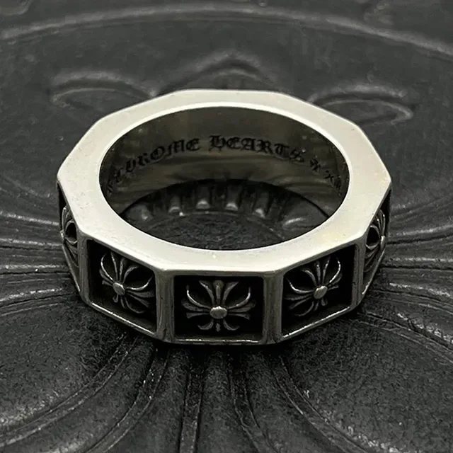 Chrome Hearts Silver Black Four-Square Band Enamel Inlays Ring 6