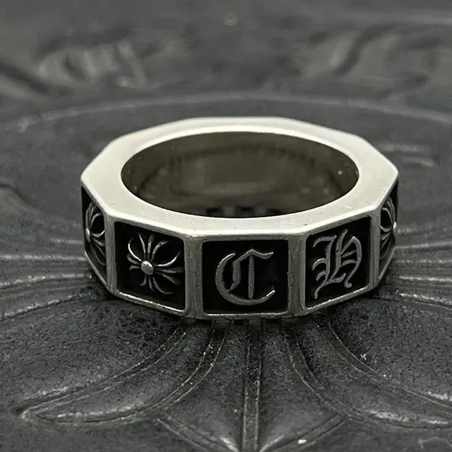 Chrome Hearts Silver Black Four-Square Band Enamel Inlays Ring 7