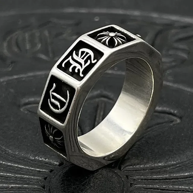 Chrome Hearts Silver Black Four-Square Band Enamel Inlays Ring 8