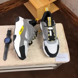 Christian Dior Chaussures Chunky Gris à Semelle Jaune en Maille et Overlay Synthétique