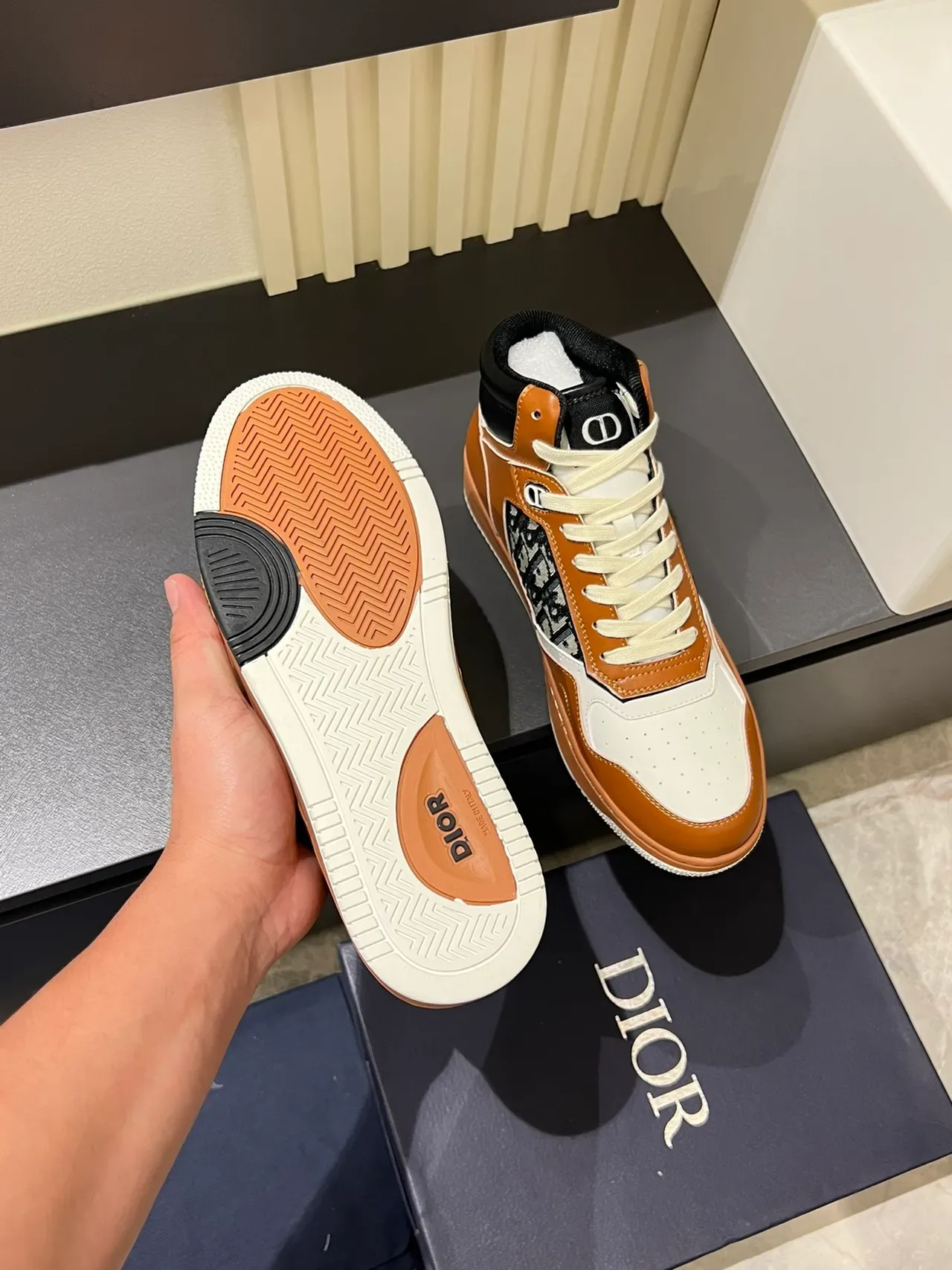 Dior B23 Tan and White Oblique Monogram High-Top Lifestyle Sneakers 3