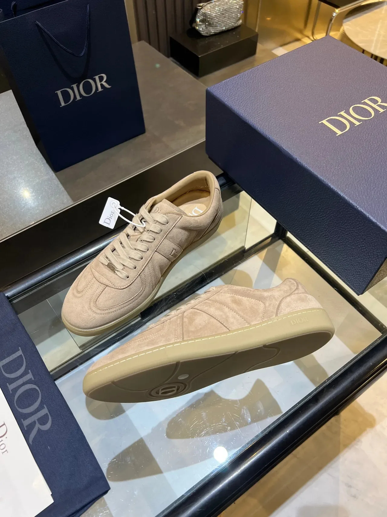 Dior B27 বেইজ ও বাদামি স্যুয়েড প্যানেল লো-টপ লাইফস্টাইল স্নিকার্স 4