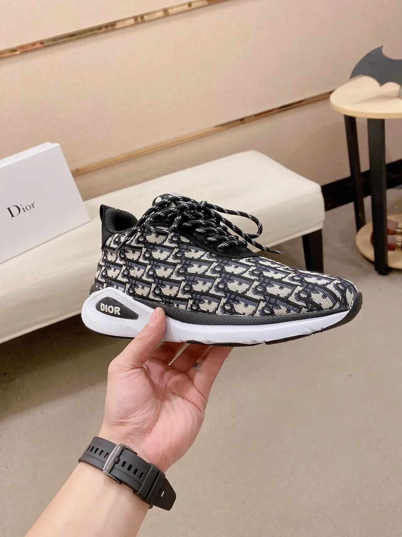 Dior Preto Bege Monogramado Superior de Tricô Midsole Esculturado Branco Tênis Lifestyle 5