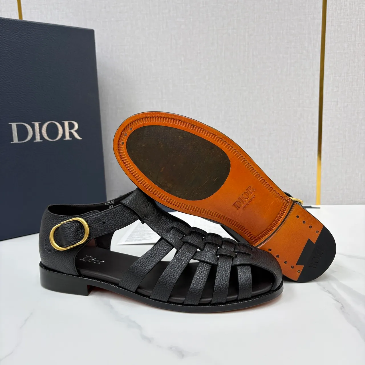 Dior Black Gold Woven Leather Straps Low Block Heel Gladiator Sandals 2