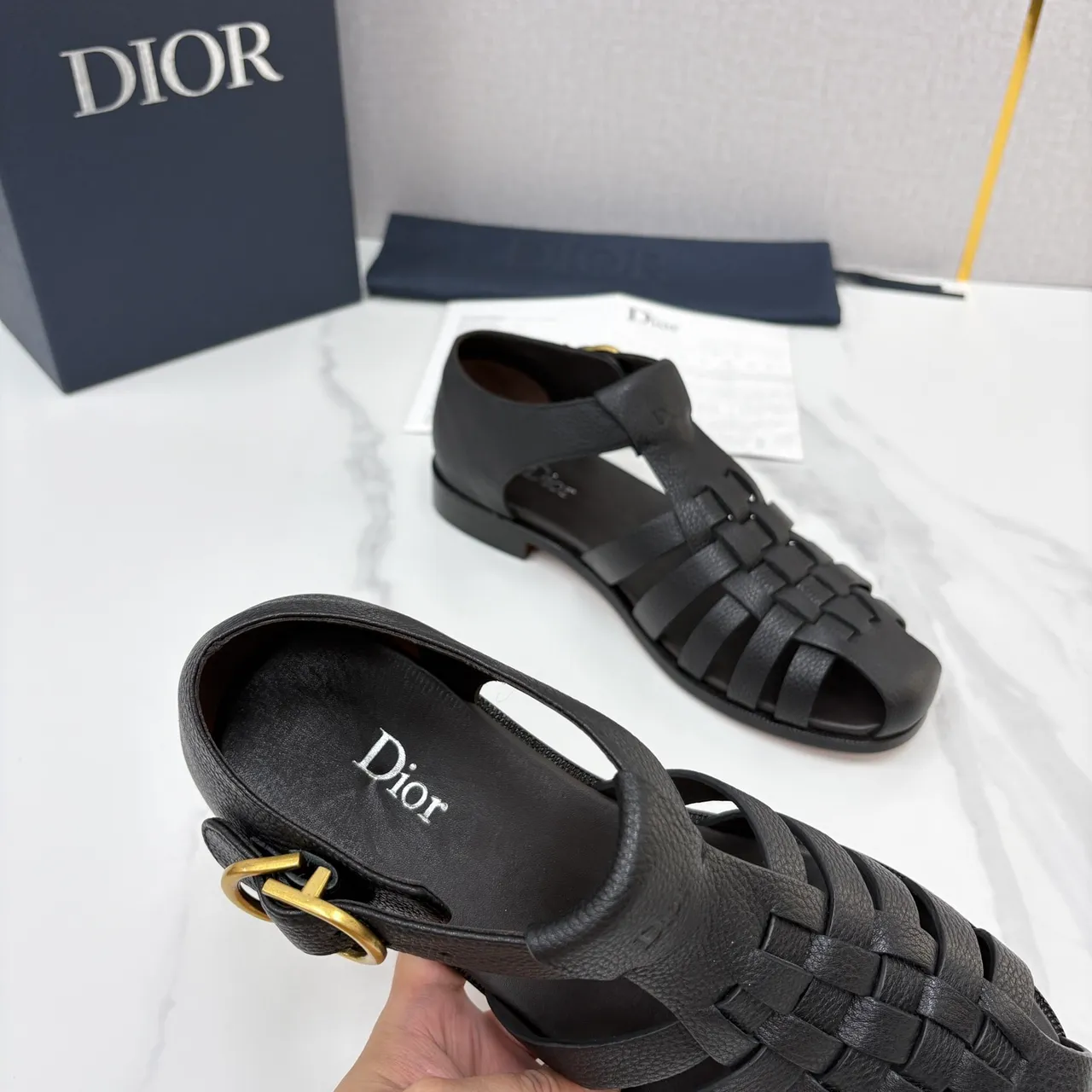Dior Black Gold Woven Leather Straps Low Block Heel Gladiator Sandals 3