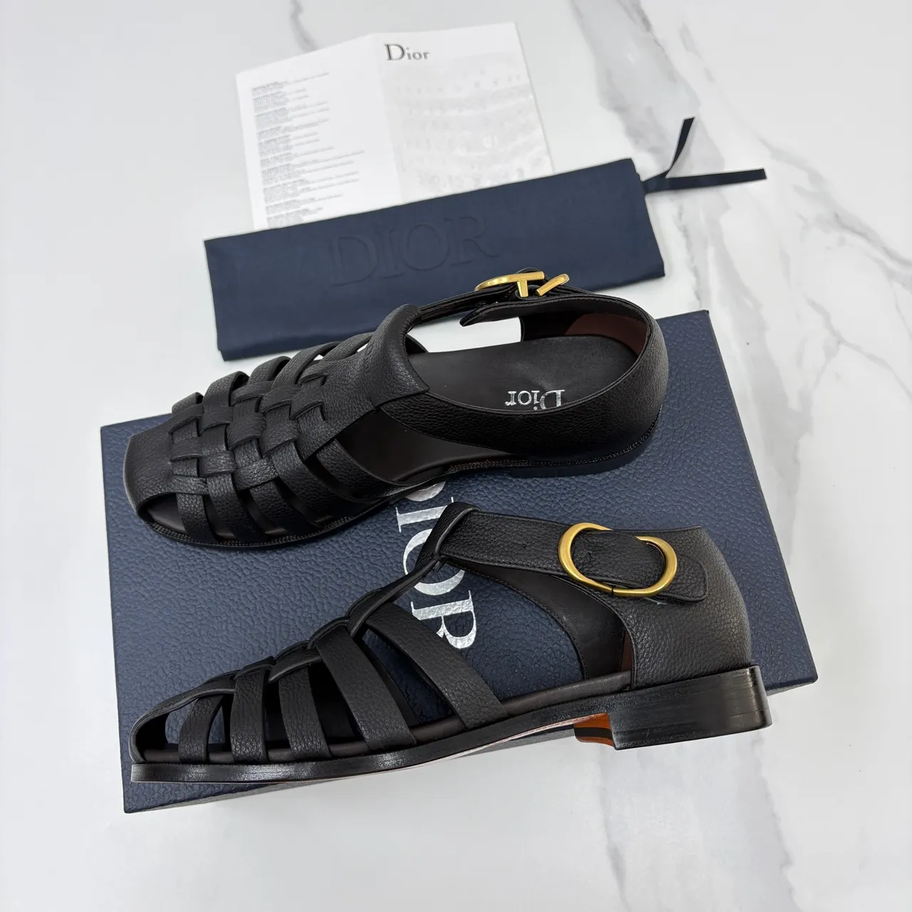 Dior Black Gold Woven Leather Straps Low Block Heel Gladiator Sandals 4