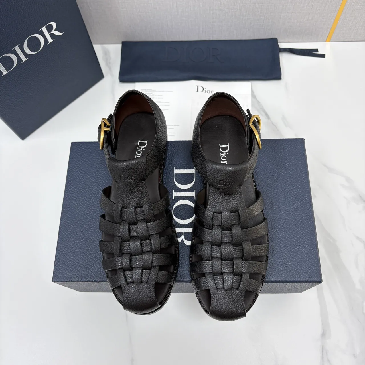 Dior Black Gold Woven Leather Straps Low Block Heel Gladiator Sandals 5