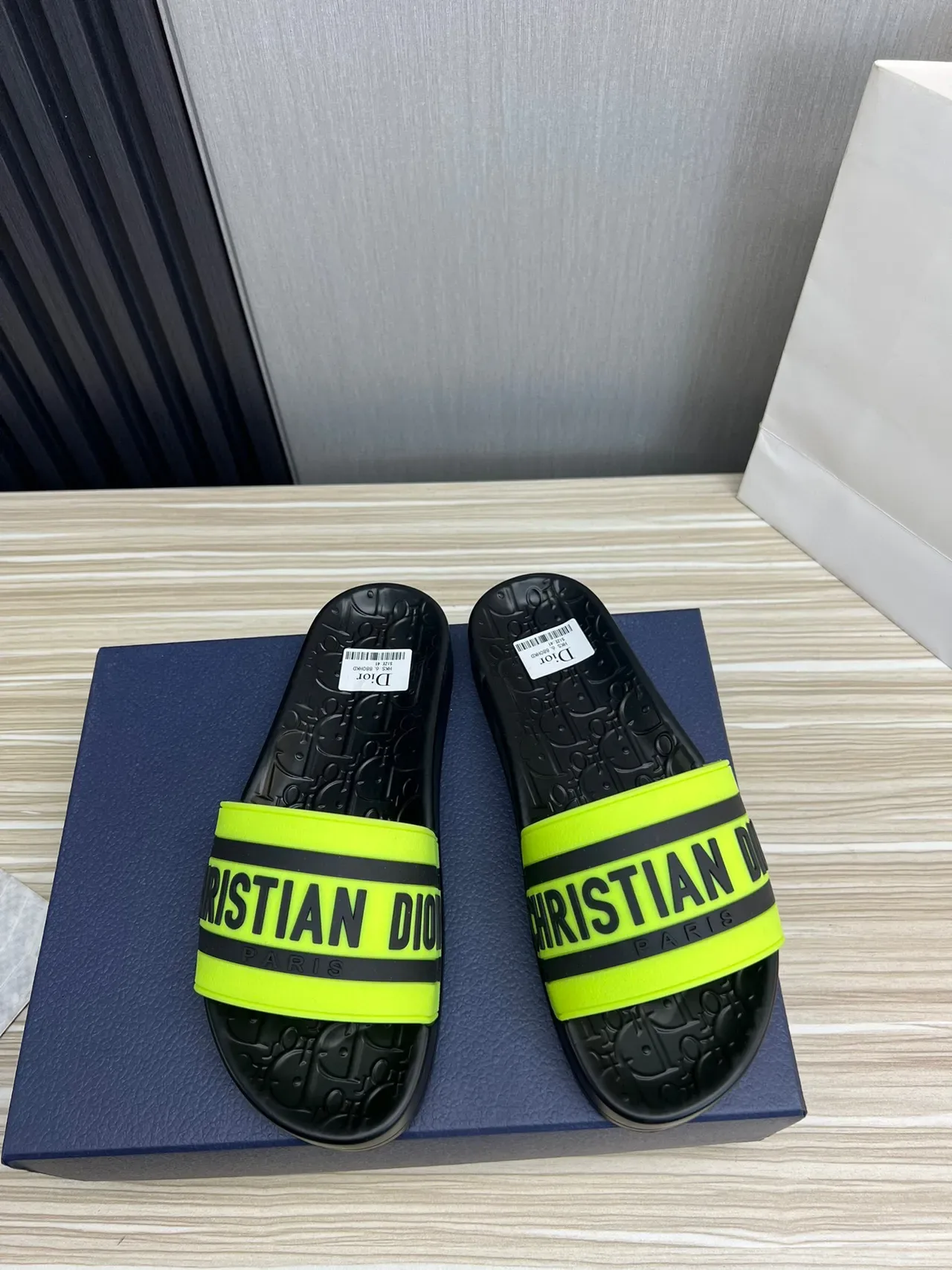 Dior Black Yellow Molded Rubber Sole Wide Branded Strap Slippers 3