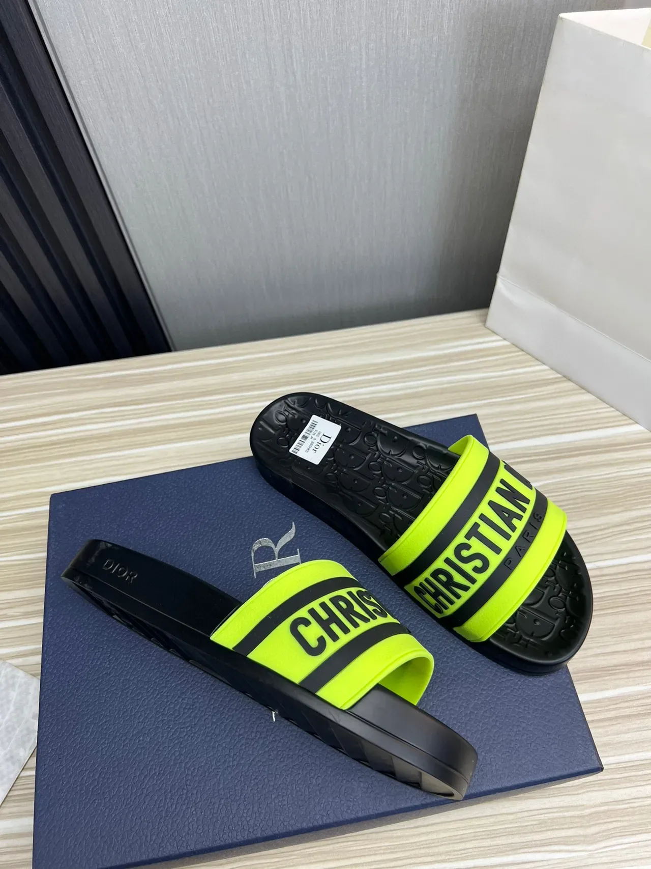 Dior Black Yellow Molded Rubber Sole Wide Branded Strap Slippers 6