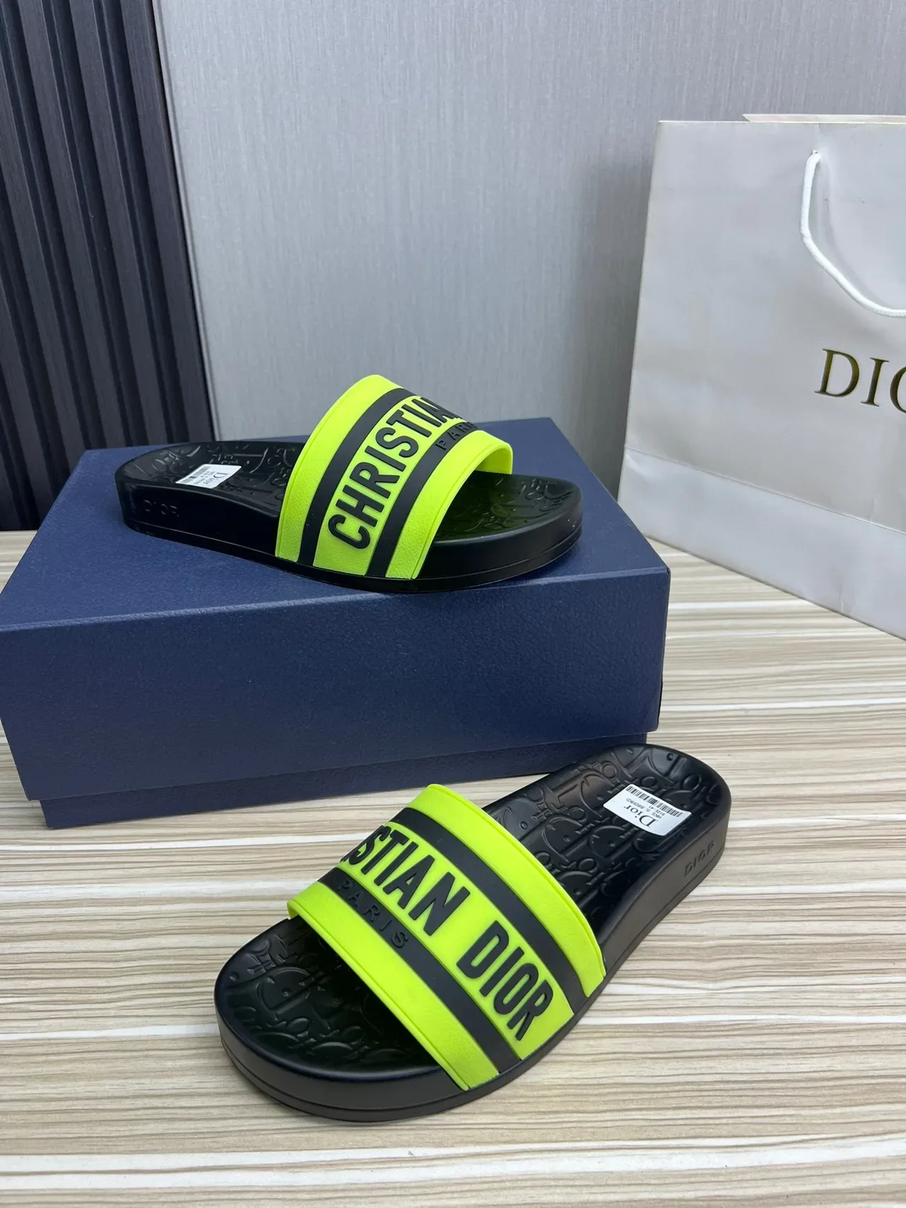 Dior Black Yellow Molded Rubber Sole Wide Branded Strap Slippers 8