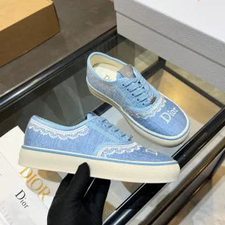 Dior Chaussures Lifestyle Bleu Blanc Clair en Tissu Jacquard Textile Haut Broderie Dentelle